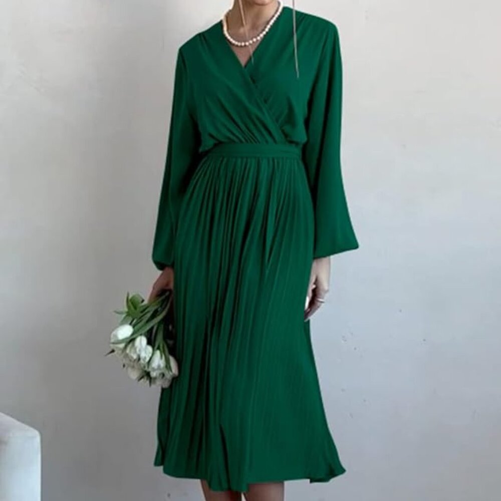Gorgeous in Green! Spring Midi Dress Long Puff Sleeve Wrap V Neck Flowy Ruffle